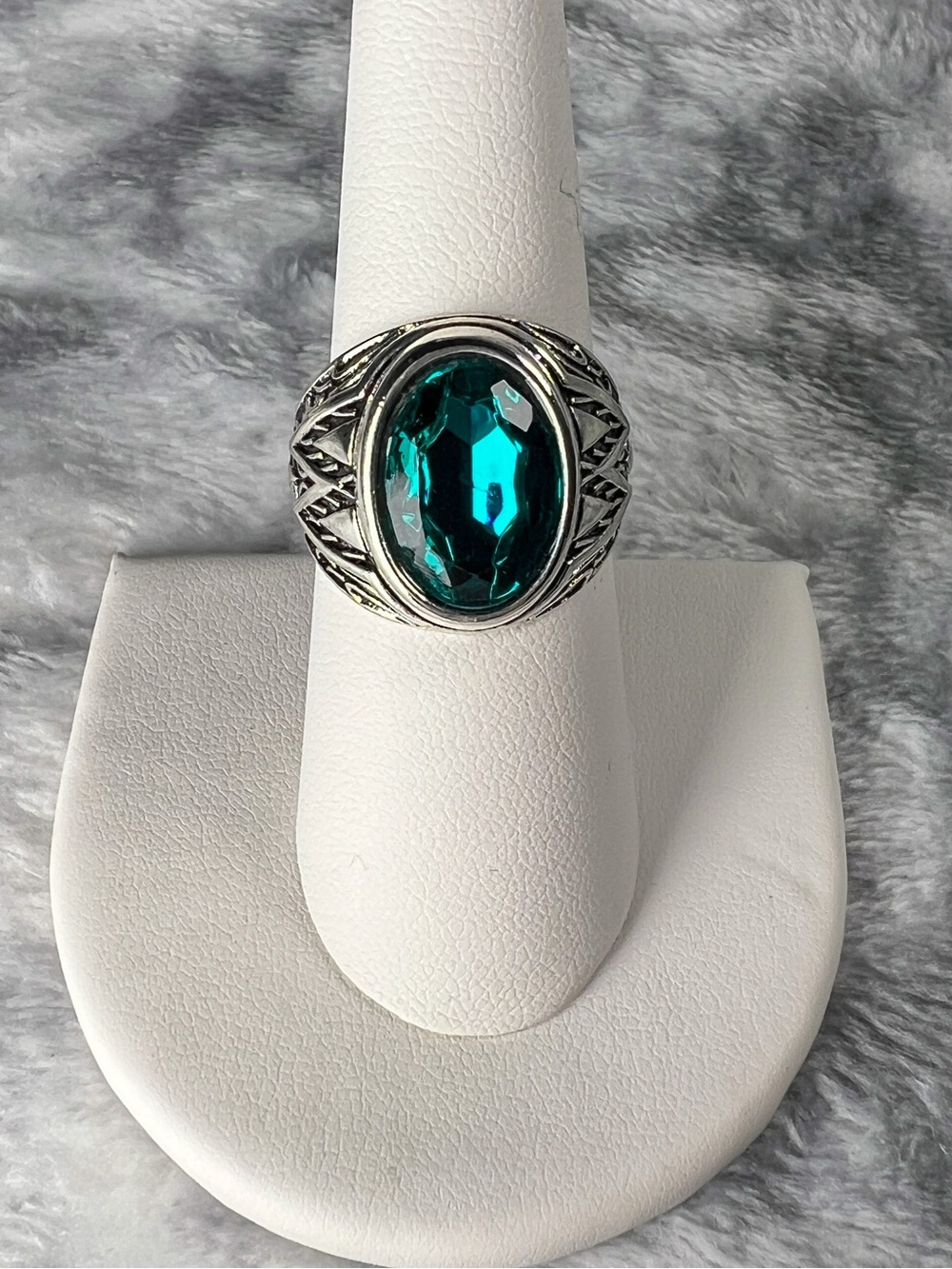 Teal Green Oval Statement Ring Silver Plated Ornate Botanical Size 7.5-7.75